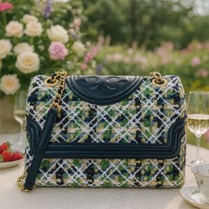 NEW Tory Burch Soft Fleming Green Multi Tweed Convertible Shoulder/Crossbody Bag